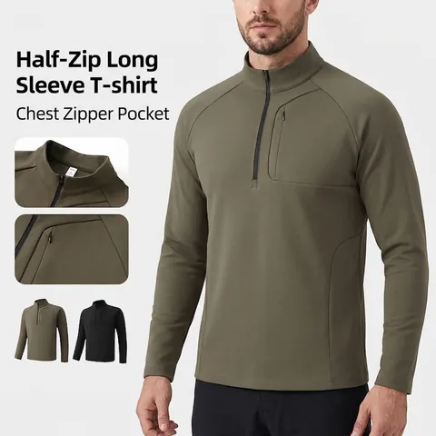 Sweat-Shirt Pour Hommes À Demi-Zip Col Montant Manches Longues Pullover De Plein Air Avec Poche Poitrine Élastique À Séchage Rapide