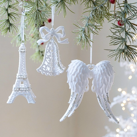 Décorations De Noël Blanches Floconnées En Plastique Givré Acrylique Avec Paillettes Argentées Cerf Flocons De Neige Cloche