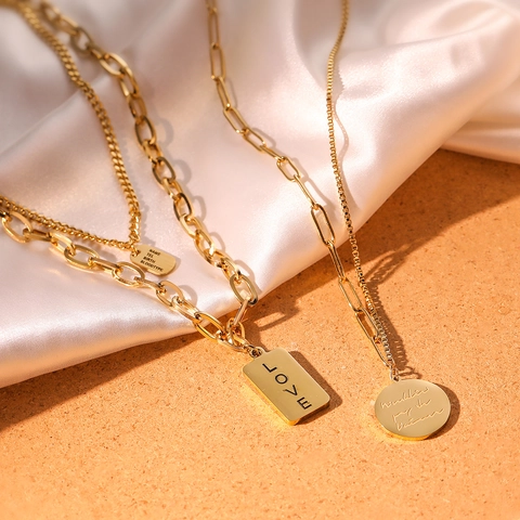 Layered Titanium Steel Necklace Gold Plated For Women Rectangular Square Pendant Love Carving Paperclip Box Chain
