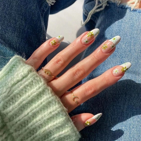 Uñas Postizas Press On Forma De Almendra Punta Blanca Francesa Flor De Margarita Perla Artificial Uñas Postizas Artificiales Mujeres Estilo Dulce Fresco