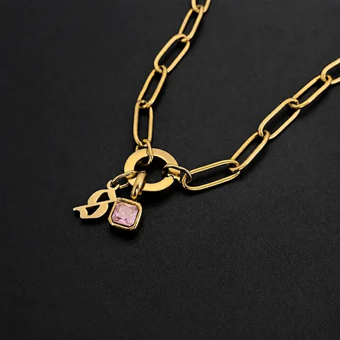 Kleine Letter Initiaal Hanger Ketting Voor Vrouwen Roestvrij Staal Verguld Paperclip Ketting Roze Vierkante Strass Sieraden