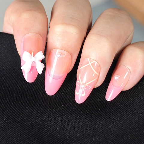 Press On Nails Rosa Farbverlauf Französisch Weiß Schleife Künstliche Perle Süß Mandelform Lange Künstliche Nägel
