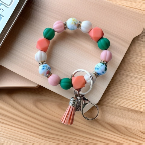Silicone Bead Keychain Wristlet PU Leather Tassel Floral Pattern Beads Handmade Bohemian Metal Clasp Key Ring Holder
