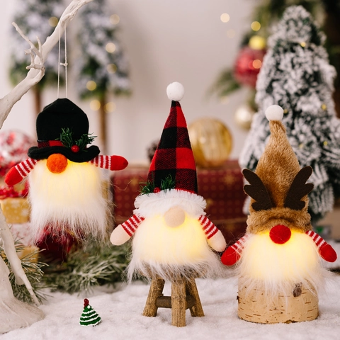 Ornamenti Di Gnomi Di Natale LED Brillante Bambola Senza Volto Tomte Svedese Rudolph Tessuto Peluche Con Base In Legno