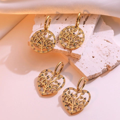 Tree Of Life Drop Earrings Titanium Steel Gold Plated Colorful Zircon Hollow Geometric Minimalist For Women