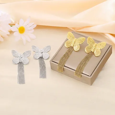 Pendientes De Gota Con Flecos De Mariposa Para Mujer Elegante Chapado En Oro De 18K Acero Inoxidable 316L
