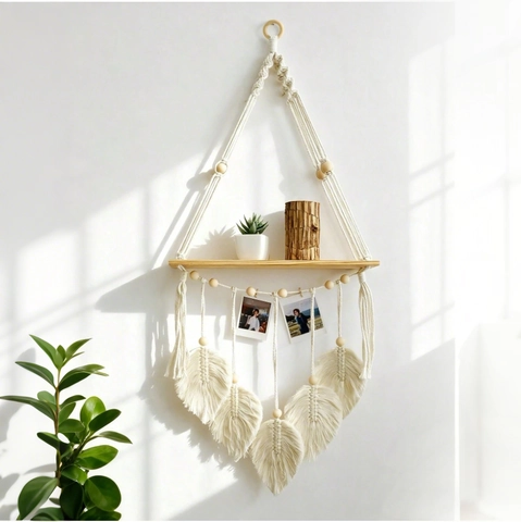 Mensola Da Parete In Macramé Fatta A Mano Corda Di Cotone Scaffali Fluttuanti Legno Con Nappe A Foglia Arredamento