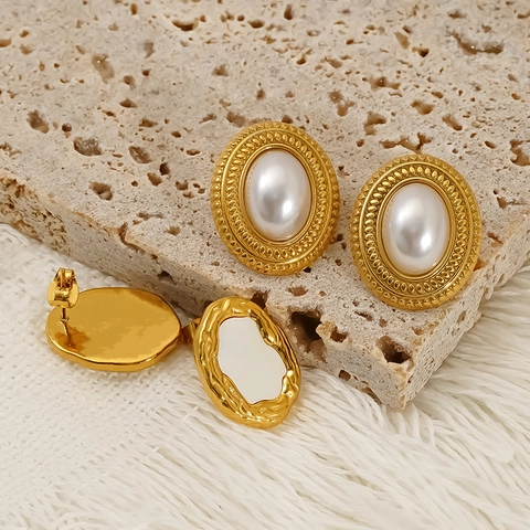 Boucles D'Oreilles Puces Ovales Vintage En Acier Inoxidable 304 Plaqué Or 18K Avec Imitation Künstliche Perle Et Coquille Naturelle