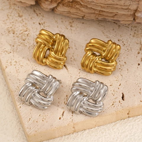 Geometric Square Knotted Textured Stainless Steel Stud Earrings For Women Plated Fashion Retro Style Accessory