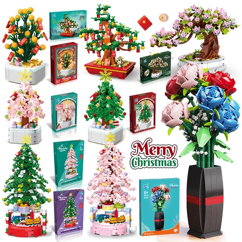 Christmas Tree Orange Potted Plant Building Block Kit DIY Flower Bouquet Toy For Kids Adults Festive Home Decoration Gift