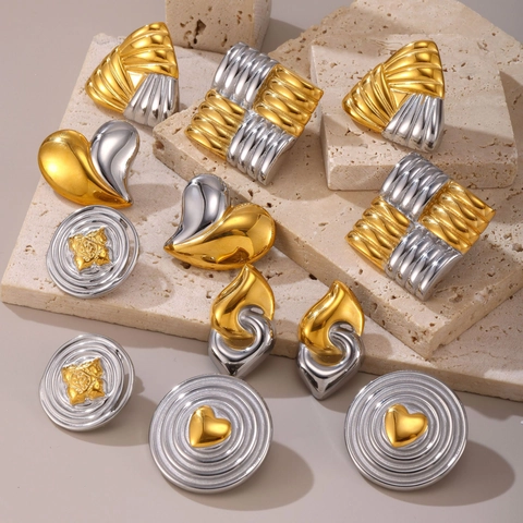 Vintage Geometric Stud Earrings Stainless Steel 18K Gold Plated Two Tone Heart Square Chunky Trendy Fashion Jewelry Women