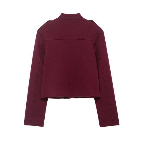 Women Short Jacket Wine Red Polyester Woolen Look Stand Collar Gold Buttons Military Style Elegant Fashion Outerwear