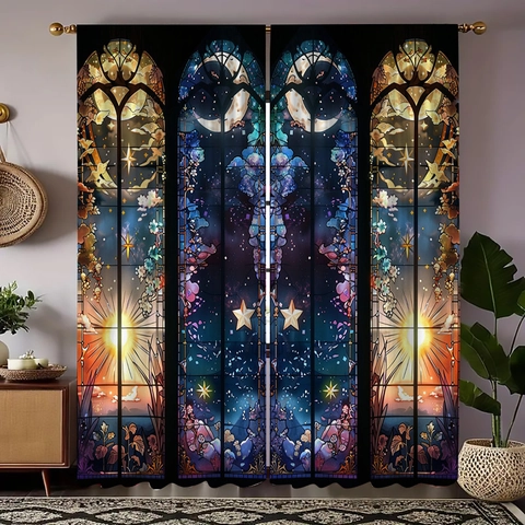 Stained Glass Style Curtains Polyester Blackout Living Room Bedroom Sun Moon Star Gothic Fantasy Mystery Art Decor