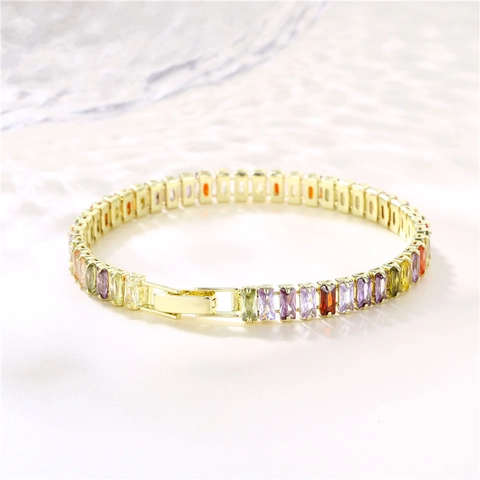Bracciale In Zircone Colorato Per Donna Rame Placcato Oro Hip Hop Moda Pietre Multicolore Rettangolari Gioielli