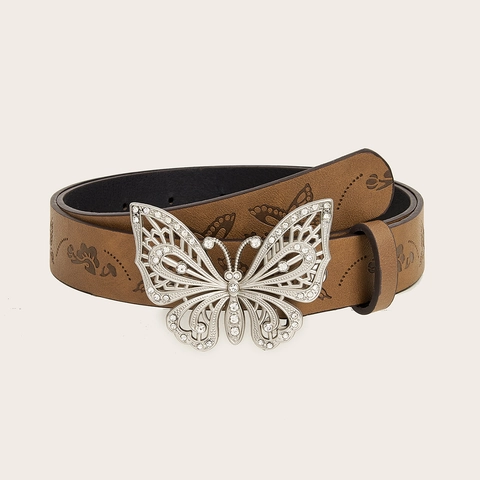 Dames PU Leren Riem Met Strass Vlindergesp Reliëf Bloemenpatroon Vintage Y2K Stijl Tailleband Accessoire