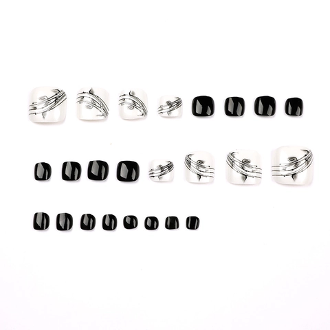 Unghie Finte Piedi Press On Lucide Nero Bianco Motivo Foglia Inchiostro Punte Unghie Artificiali Per Donne Pedicure DIY