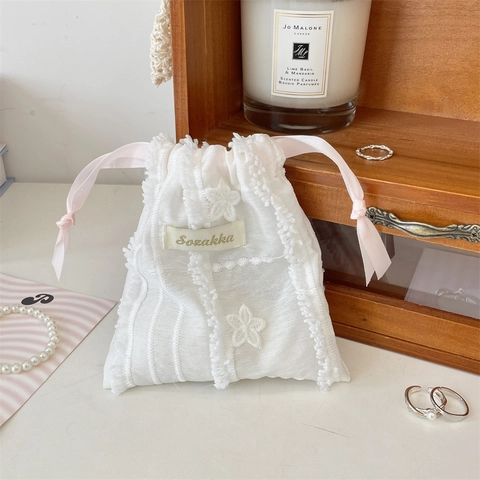 Lace Drawstring Storage Bag Flower Embroidery Pink Ribbon Jewelry Cosmetic Organizer Pouch Sweet Minimalist