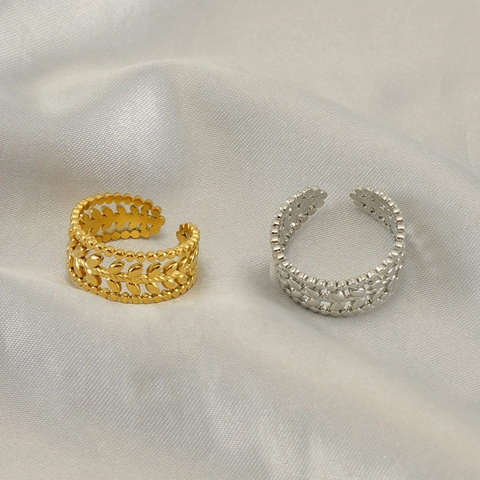 Stainless Steel Leaf Ear Of Grain Open Rings For Women Adjustable Hollow Gold Silver Beaded Edge Rings Minimalist Jewelry Accessories Gift
