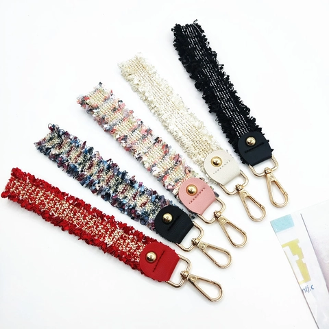 Tweed Geweven Tasriem Kort Handvat Lanyard Met Leren Connector En Gouden Kreeftsluiting Voor Handtassen Sleutels Elegant