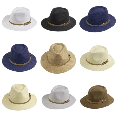 Retro Panama Straw Fedora Hat Sun Protection Paper Braid Summer Beach Travel Vintage Leather Belt Buckle For Men Women