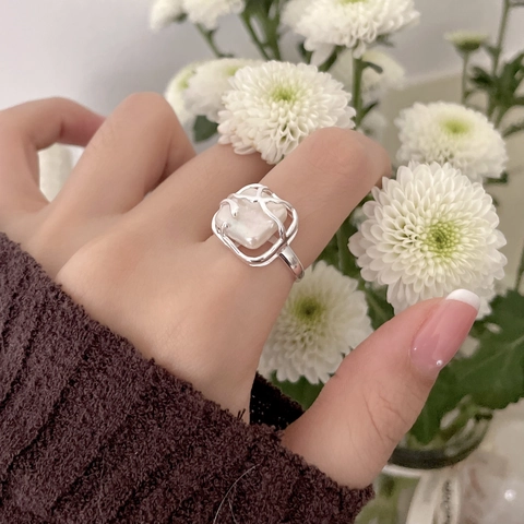 Anello Con Perla Artificial Barocca Argento Sterling 925 Quadrato Irregolare Minimalista Stile Vintage Francese Gioielli Eleganti