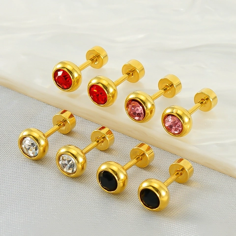 Round Rhinestone Stud Earrings 18K Gold Plated Stainless Steel Flat Screw Back Cartilage Piercing Minimalist For Women