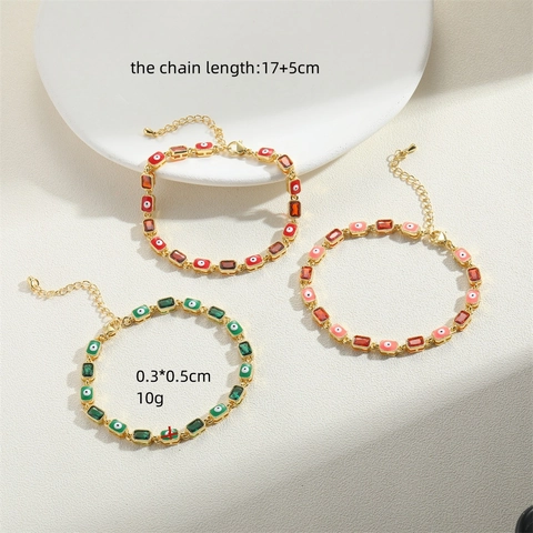 Braccialetto Vintage Malocchio in Rame Placcato Oro 14K Zirconia Rettangolare Smalto Catena Regolabile Gioielli Donna Regalo