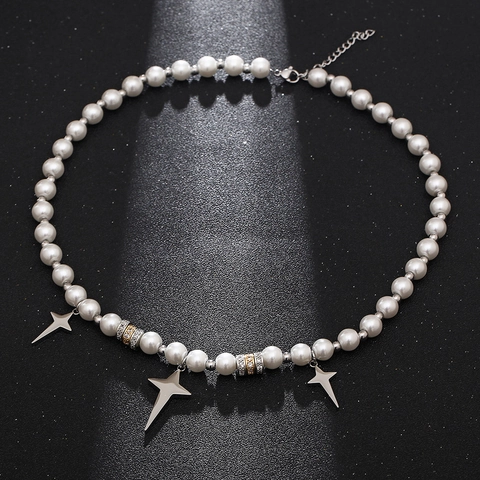 Hip Hop Splicing Artificial Pearl Cross Necklace Titanium Steel Star Pendants Rhinestone Jewelry Streetwear For Men Women