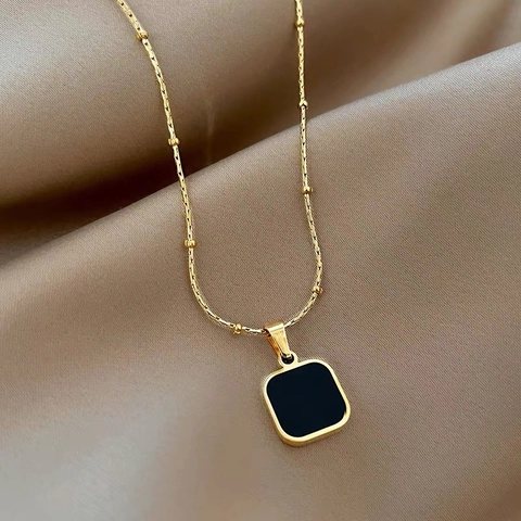 Minimalist Square Black Pendant Necklace Titanium Steel Gold Plated Satellite Chain Geometric Jewelry For Women