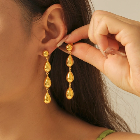 Fashionable Copper Triple Water Drop Earrings For Women Gold Plated Geometric Long Tassel Dangle Earrings Jewelry Accessory