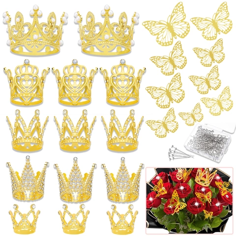 Mini Crown Tiara Alloy Rhinestone Faux Artificial Pearl Hair Accessory Princess Birthday Party Decoration Cake Topper Ornament
