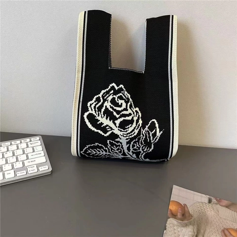 Knitted Rose Flower Tote Bag Retro Crochet Polyester Acrylic Handbag For Women Daily Use