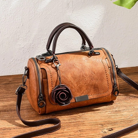 Women Retro PU Leather Boston Bag Solid Color Shoulder Crossbody Handbag With Rose Pendant Elegant Vintage