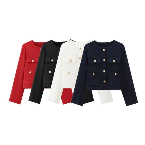 Women Short Jacket Elegant Round Neck Solid Color Golden Buttons Multiple Pockets Polyester Blazer Outerwear