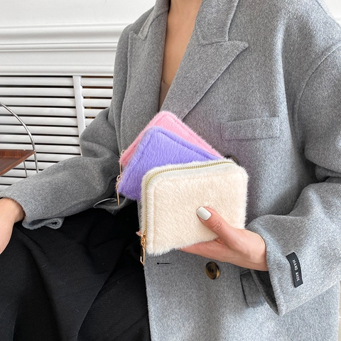 Dames Pluche Portemonnee Kunstbont Rits Kleine Geldbeurs Compact Kaarthouder Zacht Chique Winter Mode Accessoire