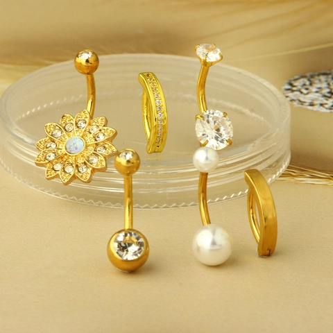 Stainless Steel Rhinestone Artificial Pearl Belly Button Rings Flower Heart Geometric Dangle Body Piercing Jewelry Collection