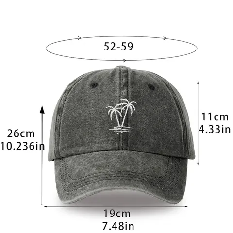 Washed Cotton Baseball Cap Coconut Palm Tree Embroidery Vintage Retro Curved Brim Casual Outdoor Sun Hat For Men Women