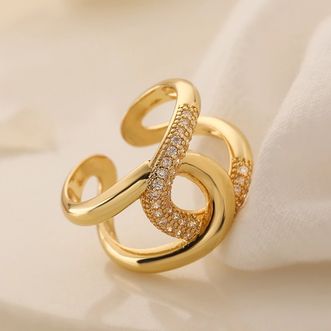 Geometrischer Verflochtener Wellen Ring Kupfer 18K Vergoldet Mikropave Zirkonia Verstellbarer Fingerschmuck Damen