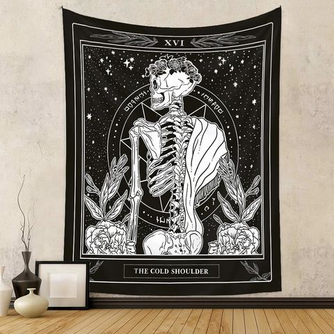 Tarot Card Tapestry Wall Hanging Polyester Skeleton Skull Raven Mushrooms Gothic Bohemian Home Decor For Bedroom Living Room