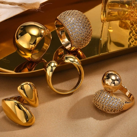 Stainless Steel And Copper Rings Geometric Smooth Pave Cubic Zirconia Fashion For Women Statement Jewelry