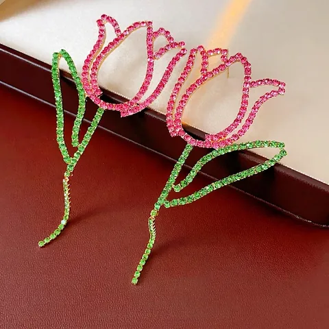 Tulip Drop Earrings Alloy Pink Green Rhinestone With Silver Earring Post Elegant Flower Jewelry For Women