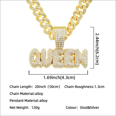 Hip Hop Iced Out Queen Buchstabe Anhänger Halskette Für Herren Damen Legierung Strass Panzerkette Mode Schmuck Zubehör