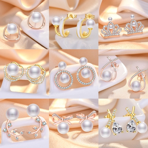 Elegante Koperen Parel Zirkonia Oorknopjes Kroon Strik Blad Ster Vormen Voor Vrouwen Sieraden Cadeau Platina Roségoud Verguld