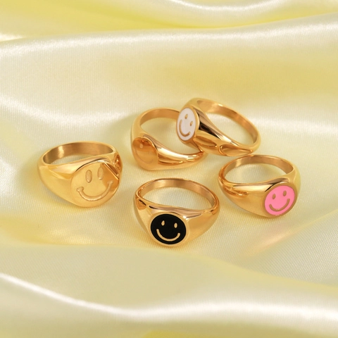 Smile Face Signet Ring Stainless Steel Gold Plated Enamel Colorful Trendy Minimalist Jewelry For Women