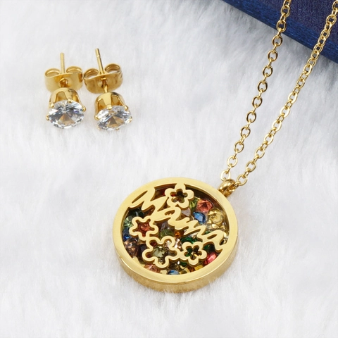 Conjunto De Collar Y Pendientes Con Medallón Redondo Letra Mama Mom Acero Inoxidable Chapado En Oro 18K Zircón