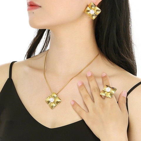 Women Stainless Steel Jewelry Necklace Earrings Ring Bracelet Floral Hollow Artificial Pearl Geometric Elegant Western Accessory