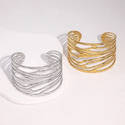 Brazalete Abierto Ancho Acero Inoxidable Martillado Irregular Hueco Geométrico Joyería Moda Mujeres Hombres