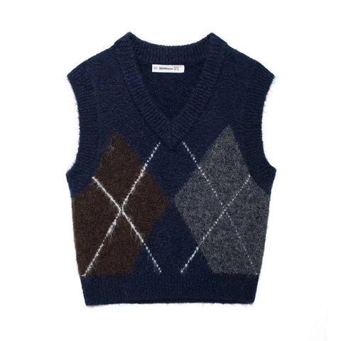 Pull Sans Manches En Tricot Argyle Col En V Vintage Preppy Top De Superposition Pour Femmes Bleu Foncé