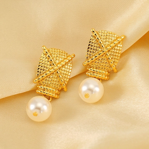 Pendientes Colgantes Acero Inoxidable Chapado Oro 18K Textura Tejida Geométrica Perla Artificial Redonda Estilo Vintage Francés Mujeres