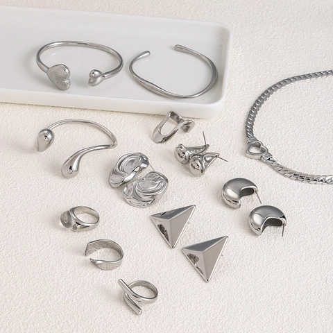 Joyas Minimalistas de Acero Inoxidable Geométricas Color Plata Strass Anillos Pendientes Brazalete Collar Moda Unisex